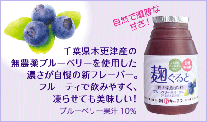 〈麹ぐると ブルーベリー〉千葉県木更津産の無農薬ブルーベリーを使用した、濃さが自慢の新フレーバー。フルーティで飲みやすく、凍らせても美味しい！ブルーベリー果汁10％